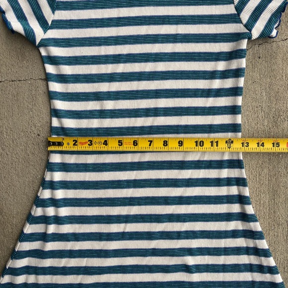 VTG Y2k Striped T Shirt Dress Short Sleeve Lettuce Hem Teal White Medium - Picture 3 of 5